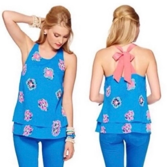 Lilly Pulitzer -women’s blue pink Maris tank top back bow blouse floral print XS - Picture 2 of 5